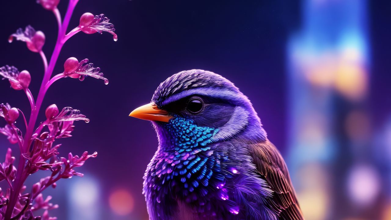 Wallpaper bird, feathers, cute, flowers, purple, art