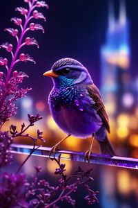 Preview wallpaper bird, feathers, cute, flowers, purple, art