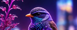 Preview wallpaper bird, feathers, cute, flowers, purple, art
