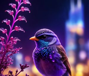 Preview wallpaper bird, feathers, cute, flowers, purple, art