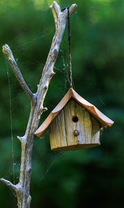 Preview wallpaper bird house, wood, cobweb, blur