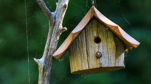 Preview wallpaper bird house, wood, cobweb, blur