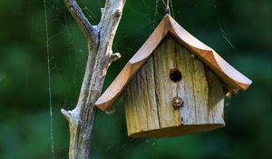 Preview wallpaper bird house, wood, cobweb, blur