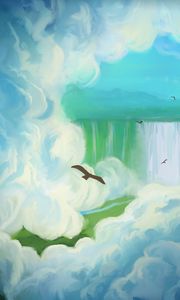 Preview wallpaper bird, waterfall, clouds, art