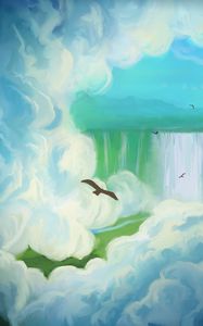 Preview wallpaper bird, waterfall, clouds, art