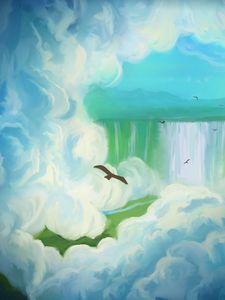 Preview wallpaper bird, waterfall, clouds, art