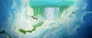 Preview wallpaper bird, waterfall, clouds, art