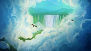 Preview wallpaper bird, waterfall, clouds, art