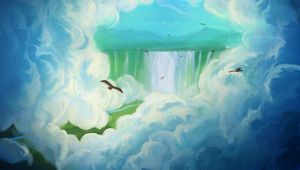 Preview wallpaper bird, waterfall, clouds, art