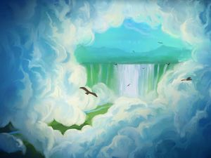 Preview wallpaper bird, waterfall, clouds, art