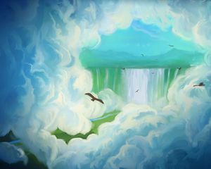 Preview wallpaper bird, waterfall, clouds, art
