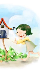 Preview wallpaper birdhouse, boy, flowers, girl, envelope, figure