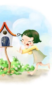 Preview wallpaper birdhouse, boy, flowers, girl, envelope, figure