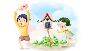 Preview wallpaper birdhouse, boy, flowers, girl, envelope, figure