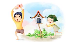 Preview wallpaper birdhouse, boy, flowers, girl, envelope, figure