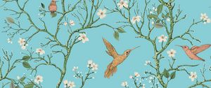 Preview wallpaper birds, branches, flowers, spring, pattern