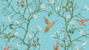 Preview wallpaper birds, branches, flowers, spring, pattern