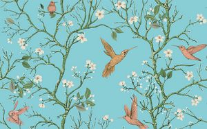 Preview wallpaper birds, branches, flowers, spring, pattern