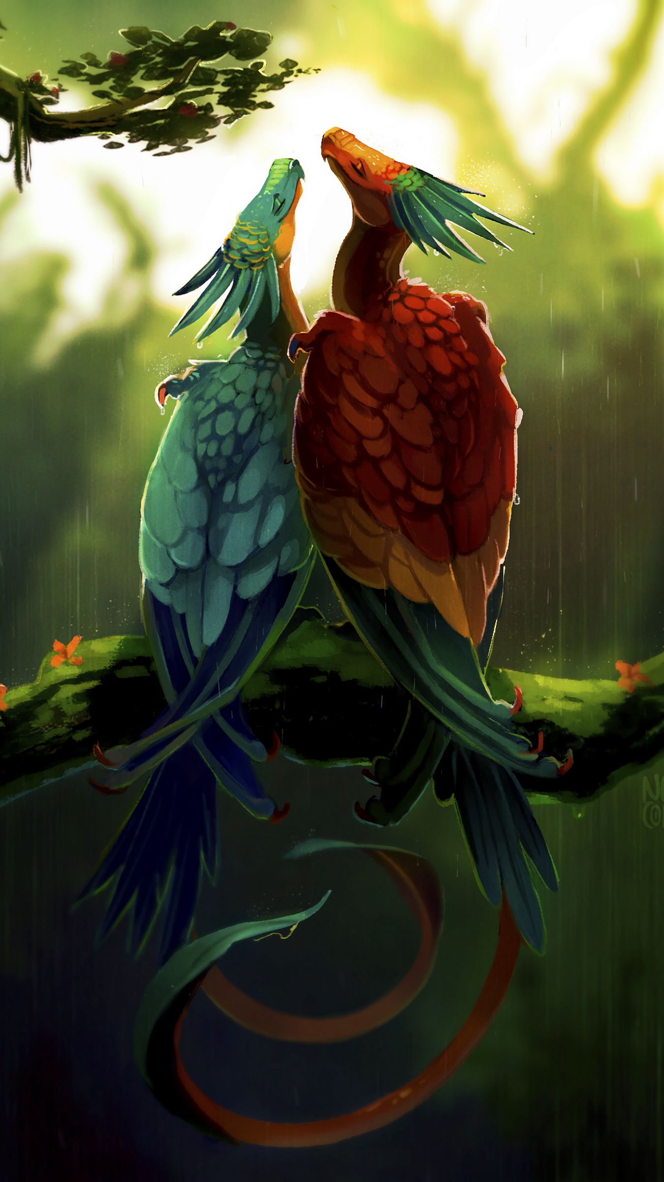 Download wallpaper 1350x2400 birds, dragons, art, fiction, colorful, pair,  rain iphone 8+/7+/6s+/6+ for parallax hd background