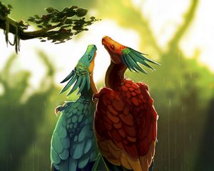 Preview wallpaper birds, dragons, art, fiction, colorful, pair, rain