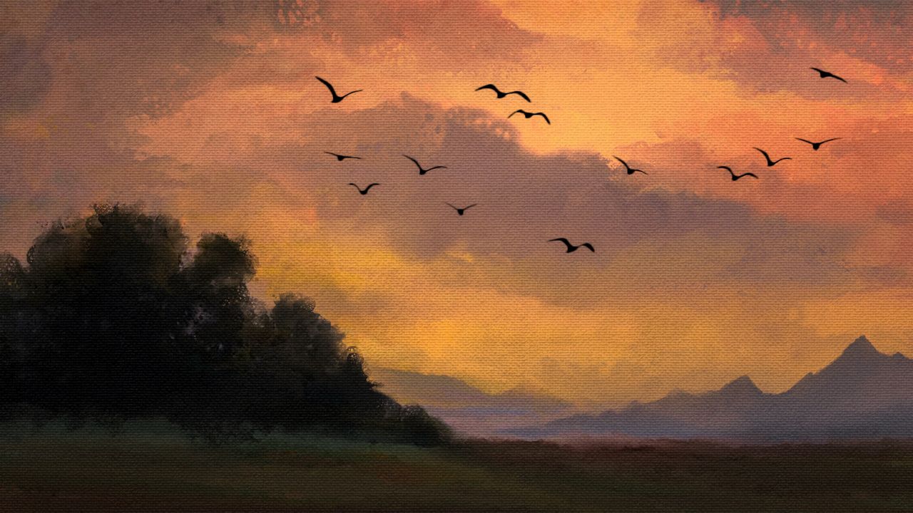 Wallpaper birds, flight, sky, trees, art