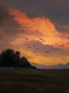 Preview wallpaper birds, flight, sky, trees, art
