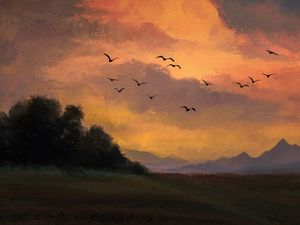 Preview wallpaper birds, flight, sky, trees, art