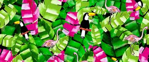 Preview wallpaper birds, leaves, pattern, flamingo, toucans