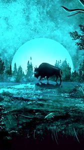 Preview wallpaper bison, moon, night, light, art