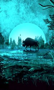 Preview wallpaper bison, moon, night, light, art