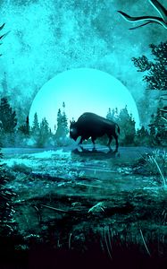 Preview wallpaper bison, moon, night, light, art