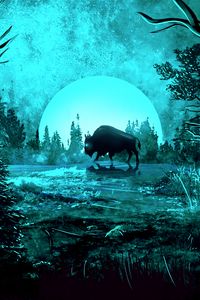 Preview wallpaper bison, moon, night, light, art