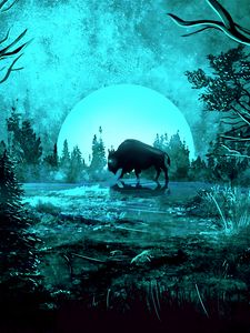 Preview wallpaper bison, moon, night, light, art