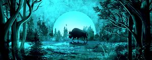 Preview wallpaper bison, moon, night, light, art