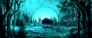 Preview wallpaper bison, moon, night, light, art