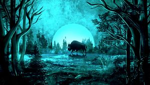 Preview wallpaper bison, moon, night, light, art