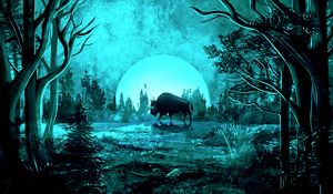 Preview wallpaper bison, moon, night, light, art