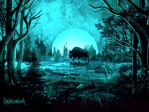 Preview wallpaper bison, moon, night, light, art