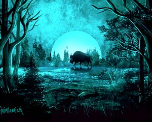 Preview wallpaper bison, moon, night, light, art