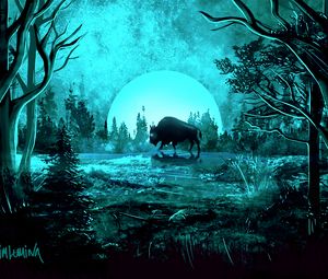 Preview wallpaper bison, moon, night, light, art