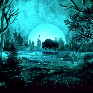 Preview wallpaper bison, moon, night, light, art