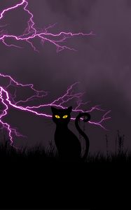 Preview wallpaper black cat, lightning, art, grass, night