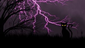 Preview wallpaper black cat, lightning, art, grass, night