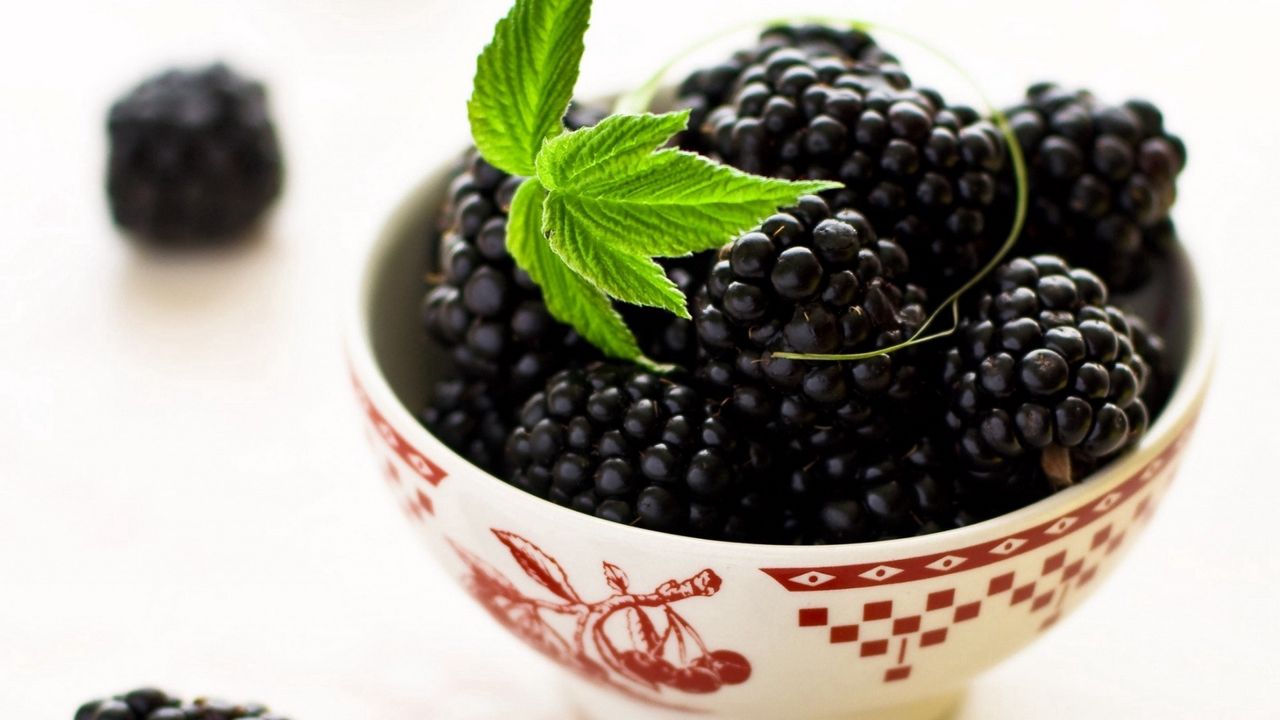 Wallpaper blackberry, leaves, bowl