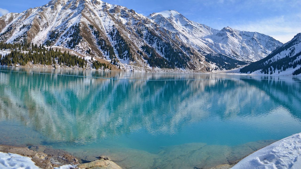 Wallpaper blue water, lake, mountains, winter, snow, freshness