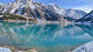 Preview wallpaper blue water, lake, mountains, winter, snow, freshness