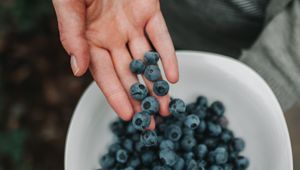 Preview wallpaper blueberries, berries, hand, bowl