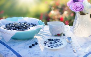 Preview wallpaper blueberries, berries, milk, crockery