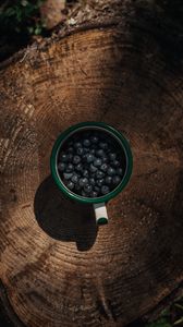 Preview wallpaper blueberries, berries, mug, stump