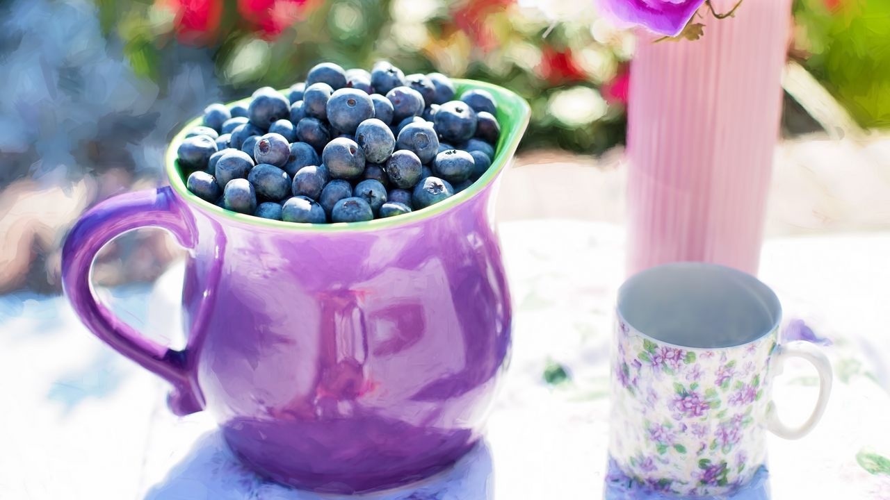 Wallpaper blueberries, pitcher, cup